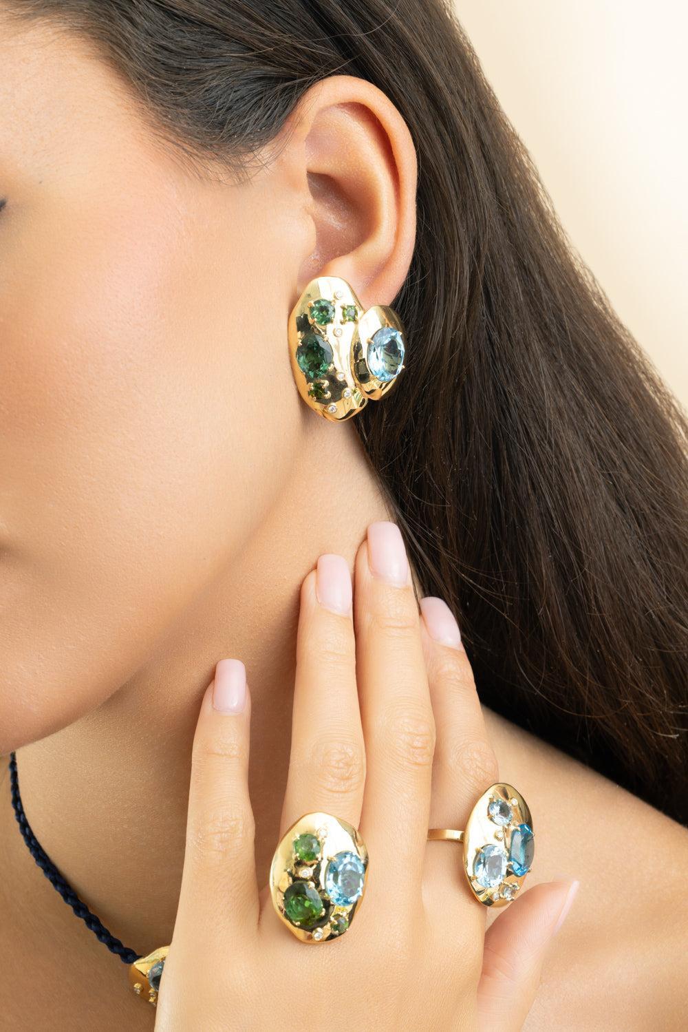 Green Tourmaline Blue Topaz Rock Class Earrings-YELLOW GOLD-JEWELRYFINE JEWELEARRING-CAROL KAUFFMANN