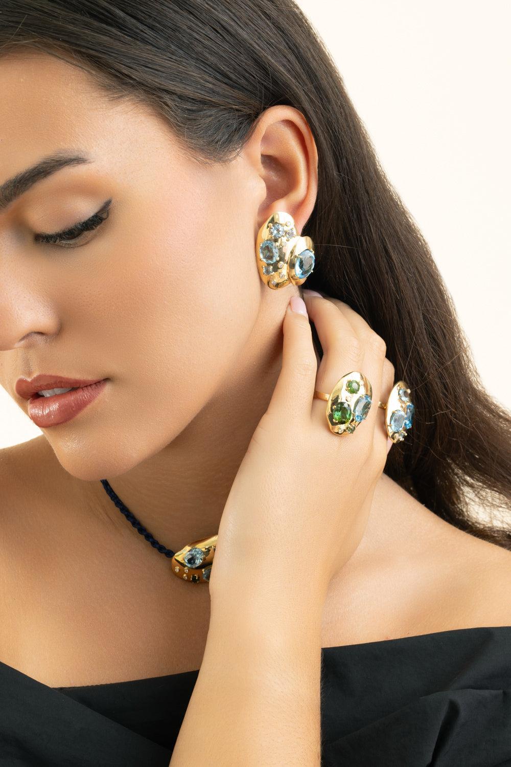 Blue Topaz Diamond Rock Earrings-YELLOW GOLD-JEWELRYFINE JEWELEARRING-CAROL KAUFFMANN