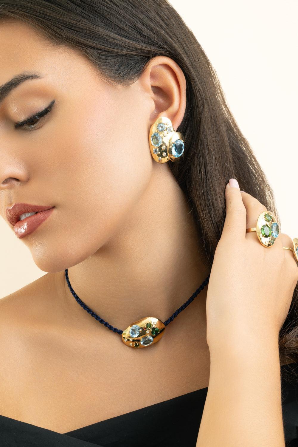 Blue Topaz Diamond Rock Earrings-YELLOW GOLD-JEWELRYFINE JEWELEARRING-CAROL KAUFFMANN