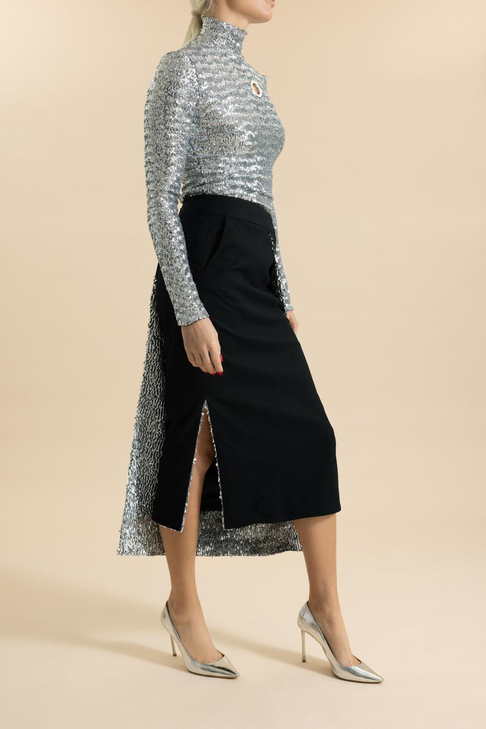 Shimmer Draped Midi Skirt-BLACK-36-CLOTHINGSKIRTMIDI-RABANNE