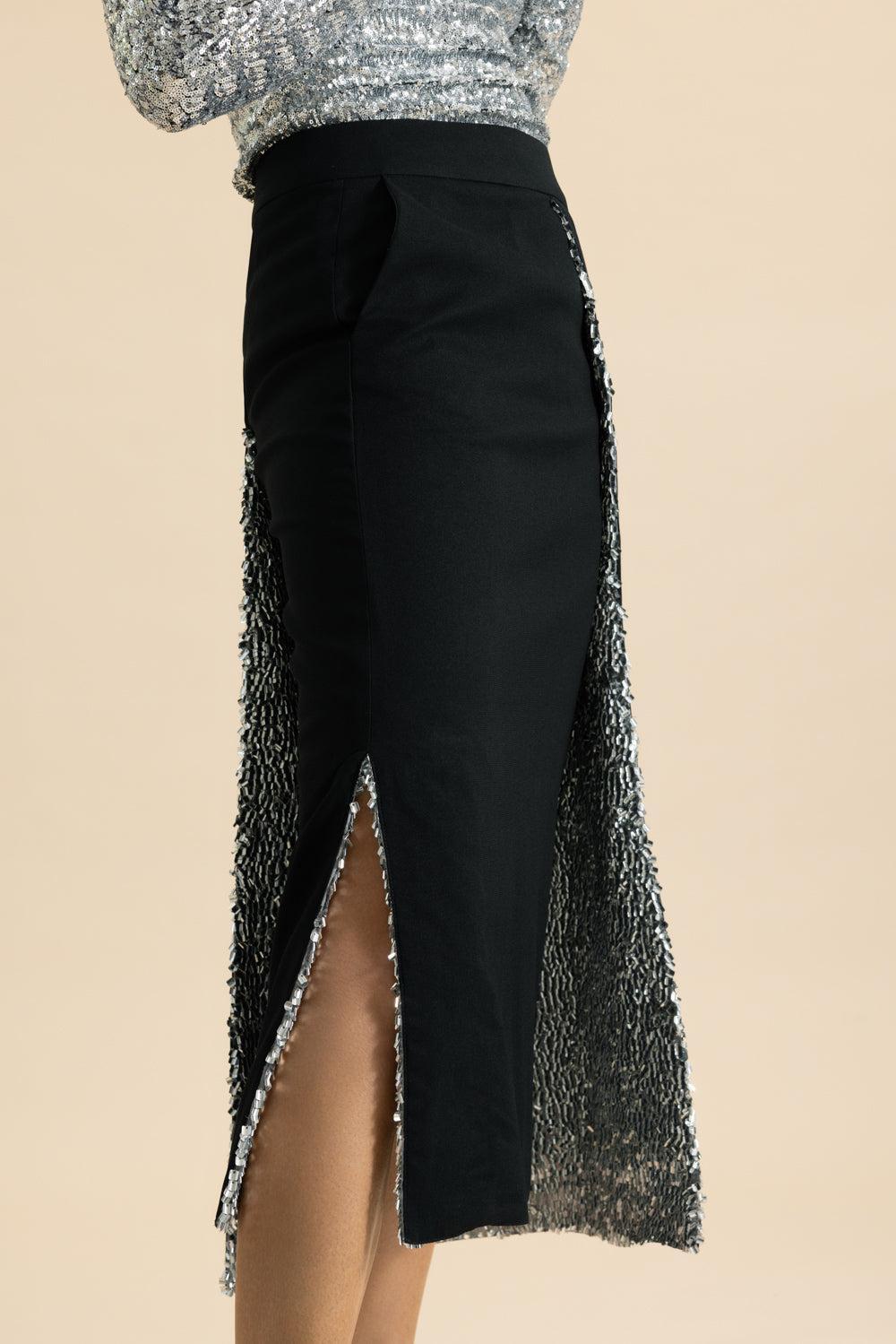 Shimmer Draped Midi Skirt-BLACK-36-CLOTHINGSKIRTMIDI-RABANNE