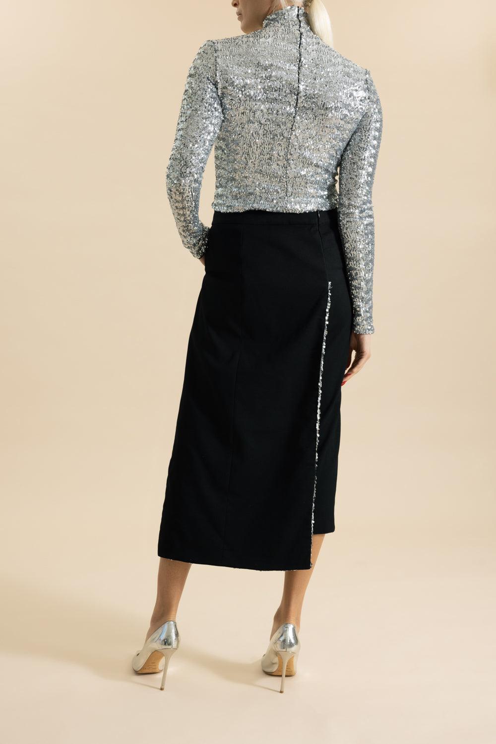 Shimmer Draped Midi Skirt-BLACK-36-CLOTHINGSKIRTMIDI-RABANNE