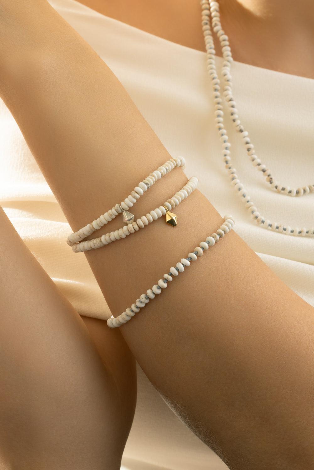 White Turquoise Beaded Bracelet-YELLOW GOLD-7-JEWELRYFINE JEWELBRACELET O-WALTERS FAITH