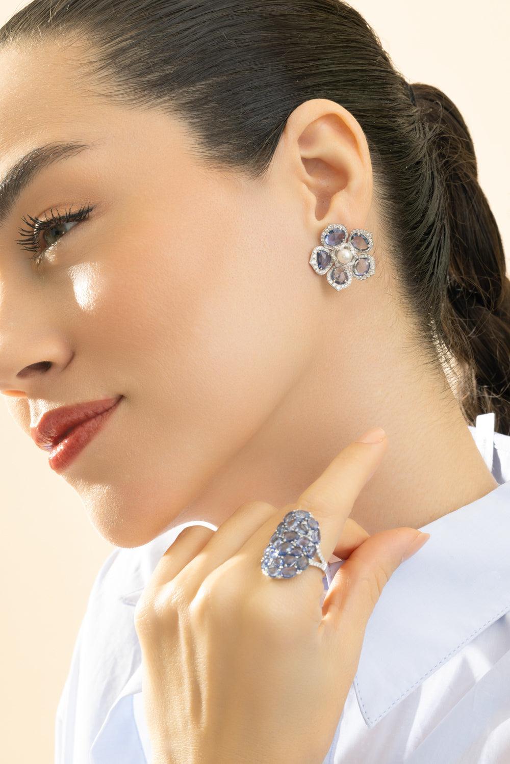 Blue Sapphire Pearl Flower Earrings-WHITE GOLD-JEWELRYFINE JEWELEARRING-RUCHI NEW YORK