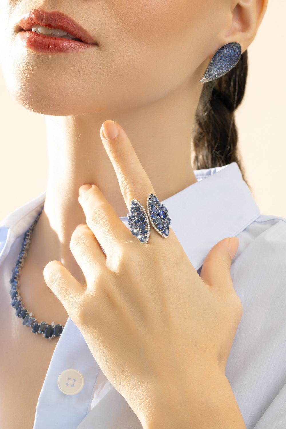 Blue Sapphire Diamond Skylight Open Ring-WHITE GOLD-7-JEWELRYFINE JEWELRING-RUCHI NEW YORK