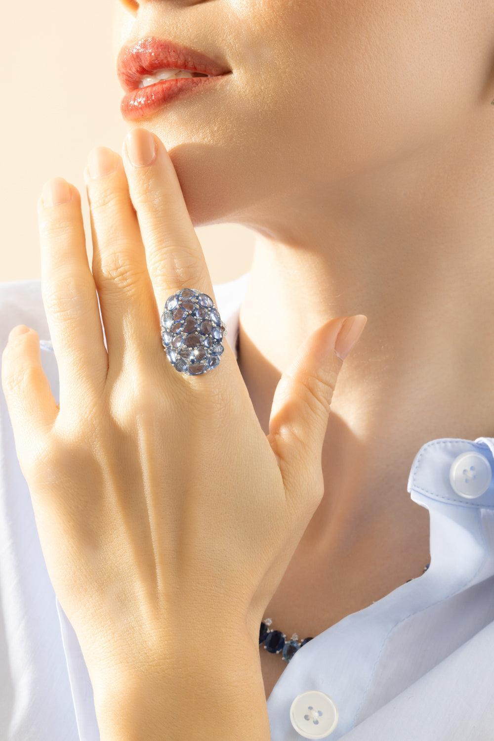 Blue Sapphire Midnight Dome Ring-WHITE GOLD-6.5-JEWELRYFINE JEWELRING-RUCHI NEW YORK