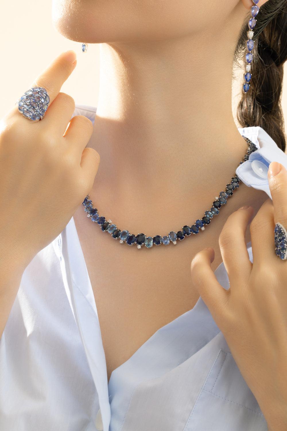 Blue Sapphire Zig Zag Necklace-WHITE GOLD-17-JEWELRYFINE JEWELNECKLACE O-RUCHI NEW YORK