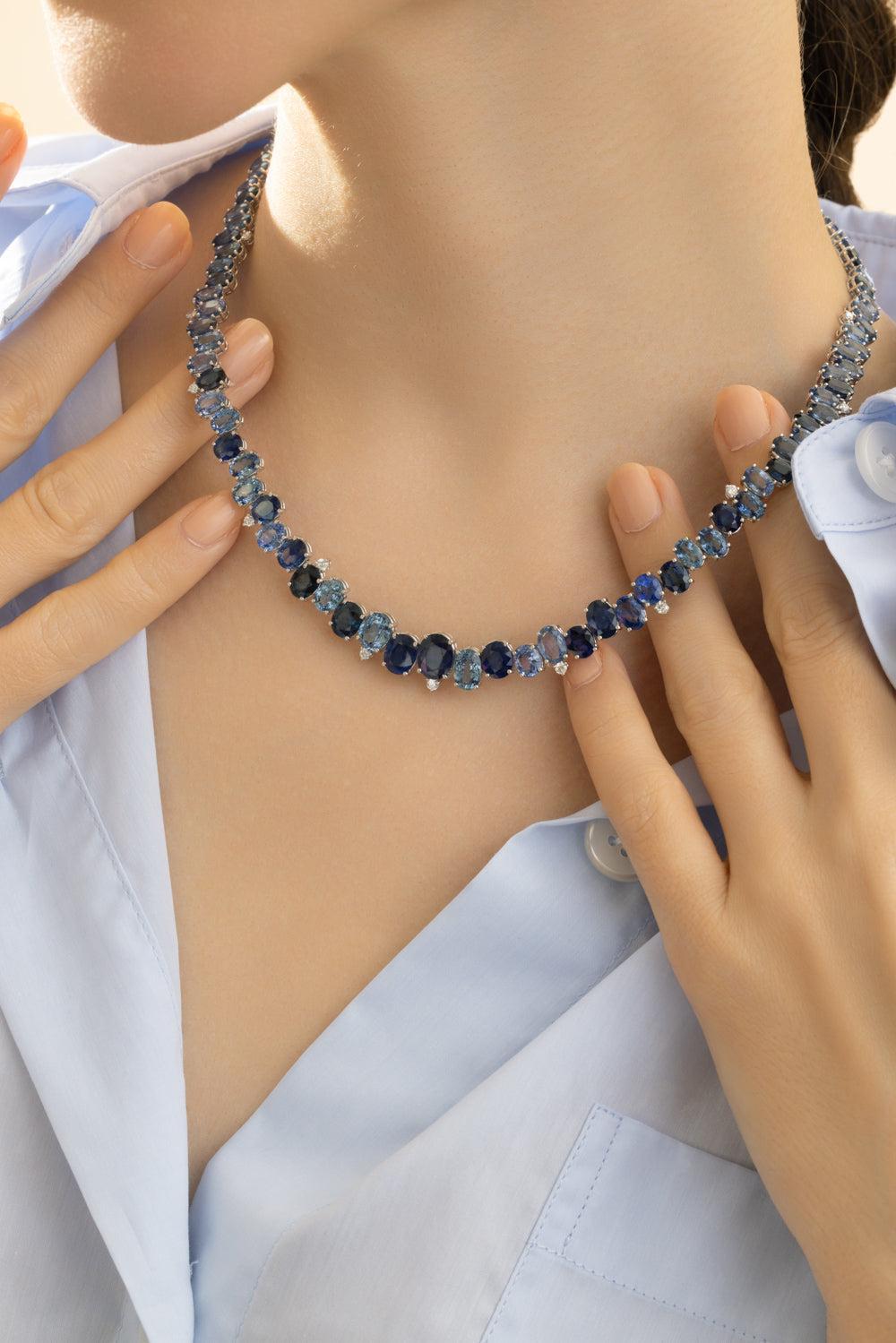 Blue Sapphire Zig Zag Necklace-WHITE GOLD-17-JEWELRYFINE JEWELNECKLACE O-RUCHI NEW YORK