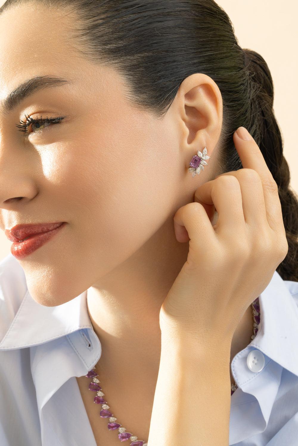 Pink Sapphire Diamond Stud Earrings-WHITE GOLD-JEWELRYFINE JEWELEARRING-RUCHI NEW YORK