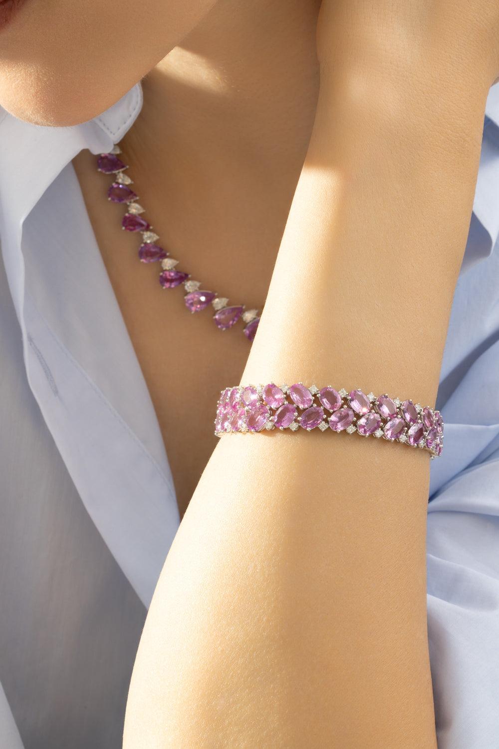 Pink Sapphire DiamondThree Row Bracelet-WHITE GOLD-7-JEWELRYFINE JEWELBRACELET O-RUCHI NEW YORK