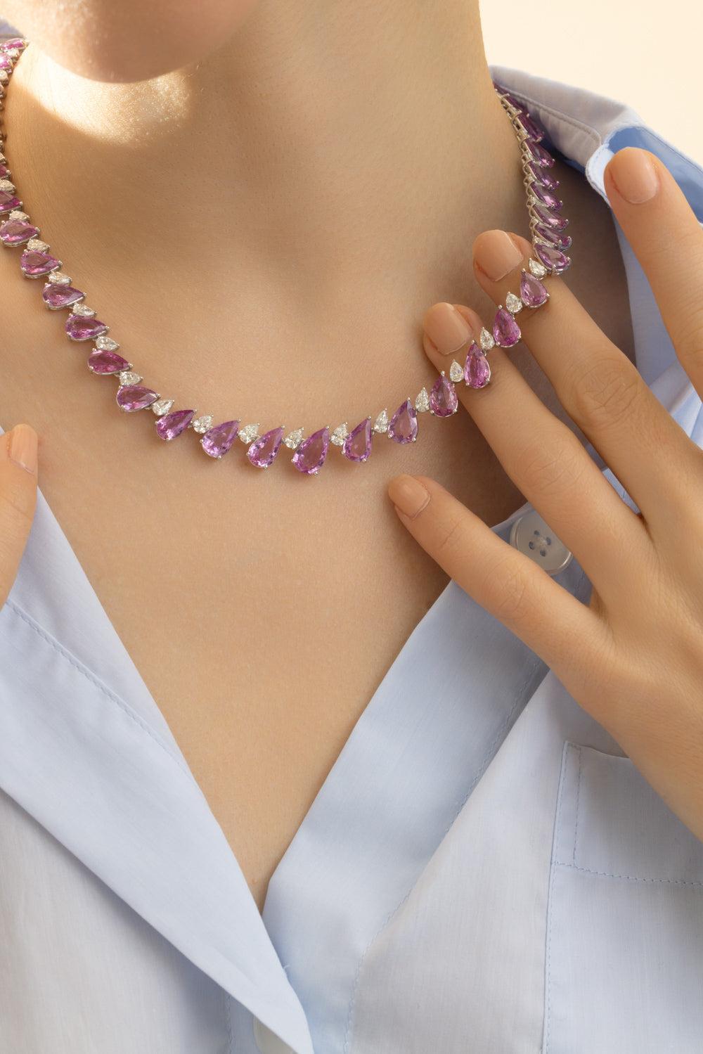 Pink Sapphire Diamond Straight Line Necklace-WHITE GOLD-17-JEWELRYFINE JEWELNECKLACE O-RUCHI NEW YORK