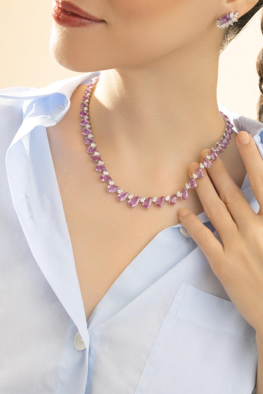 Pink Sapphire Diamond Straight Line Necklace-WHITE GOLD-17-JEWELRYFINE JEWELNECKLACE O-RUCHI NEW YORK