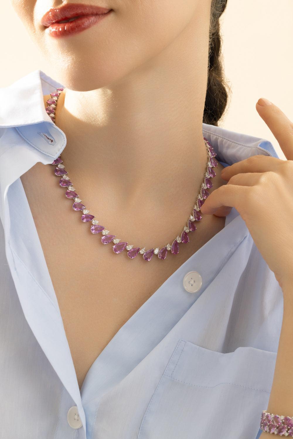 Pink Sapphire Diamond Straight Line Necklace-WHITE GOLD-17-JEWELRYFINE JEWELNECKLACE O-RUCHI NEW YORK
