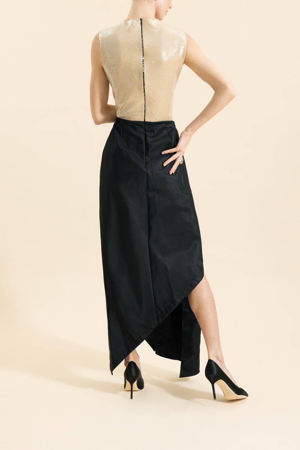 Sleeveless Draped Skirt Midi Dress-BEIGE/BLACK-6-CLOTHINGDRESSCOCKTAIL-DAVID KOMA