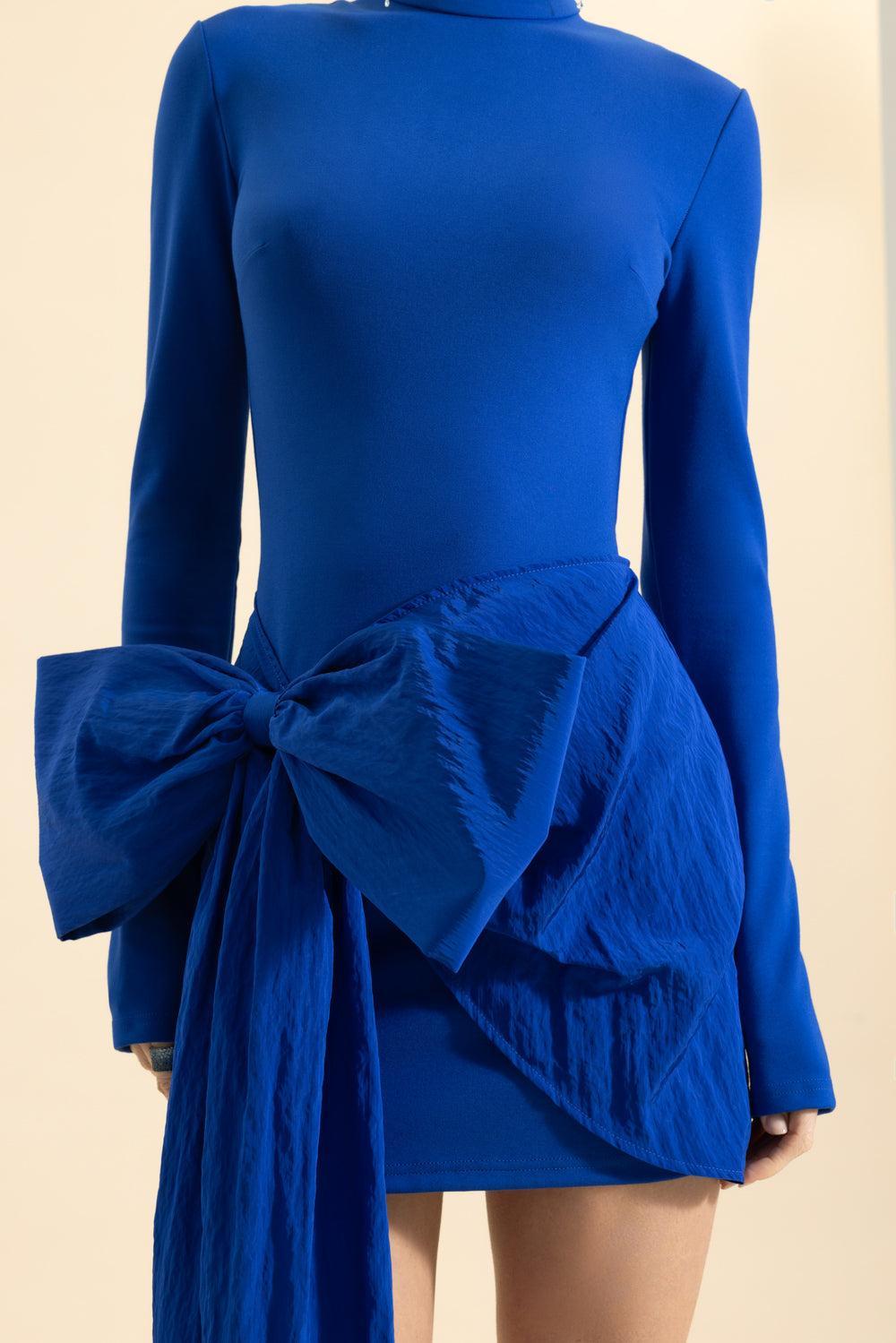 Long Sleeve Bow Detail Mini Dress-BLUE-2-CLOTHINGDRESSCOCKTAIL-DAVID KOMA