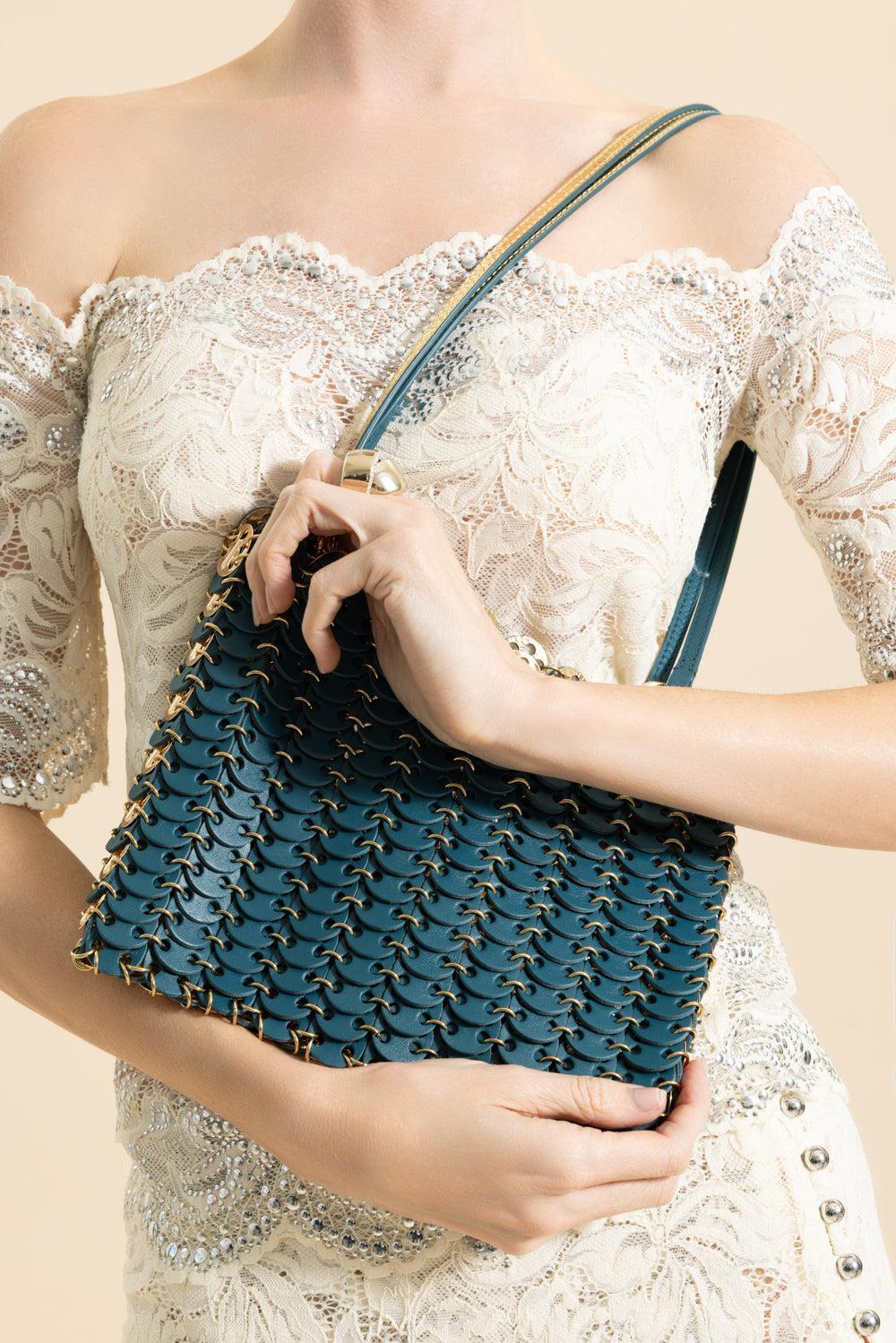 Leather Linked Shoulder Bag-GRN/GLD-HANDBAGSHOULDER-RABANNE