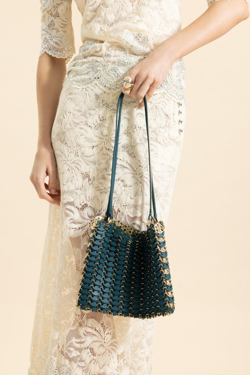 Leather Linked Shoulder Bag-GRN/GLD-HANDBAGSHOULDER-RABANNE