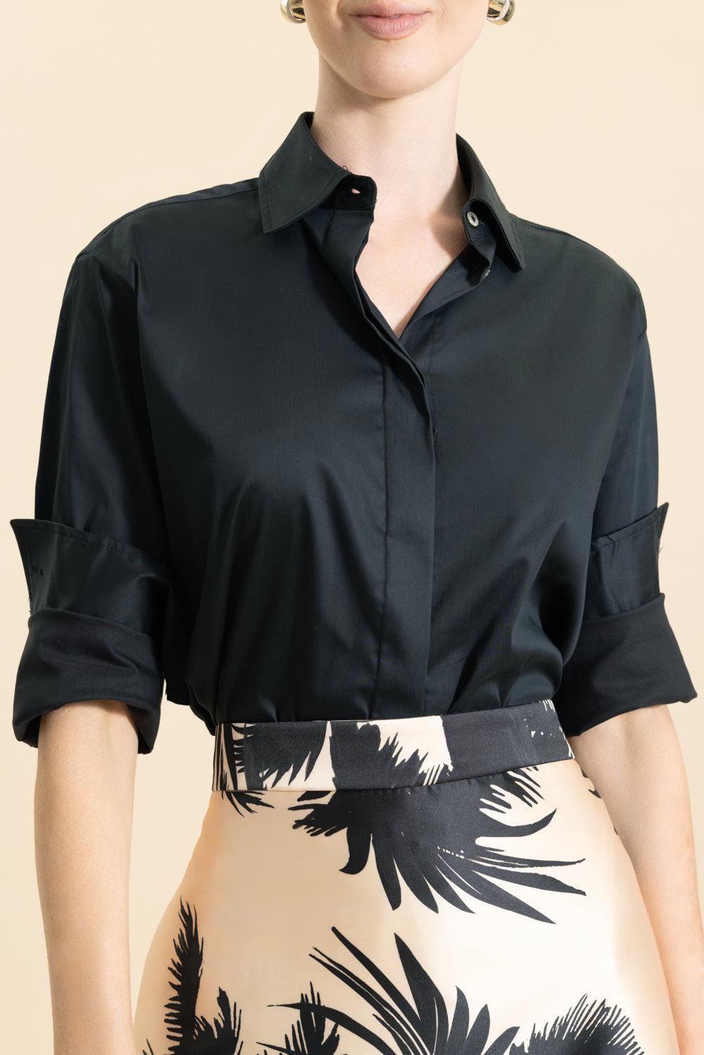 Long Sleeve Front Button Shirt-BLACK-38-CLOTHINGTOPBLOUSE-LUNATICA