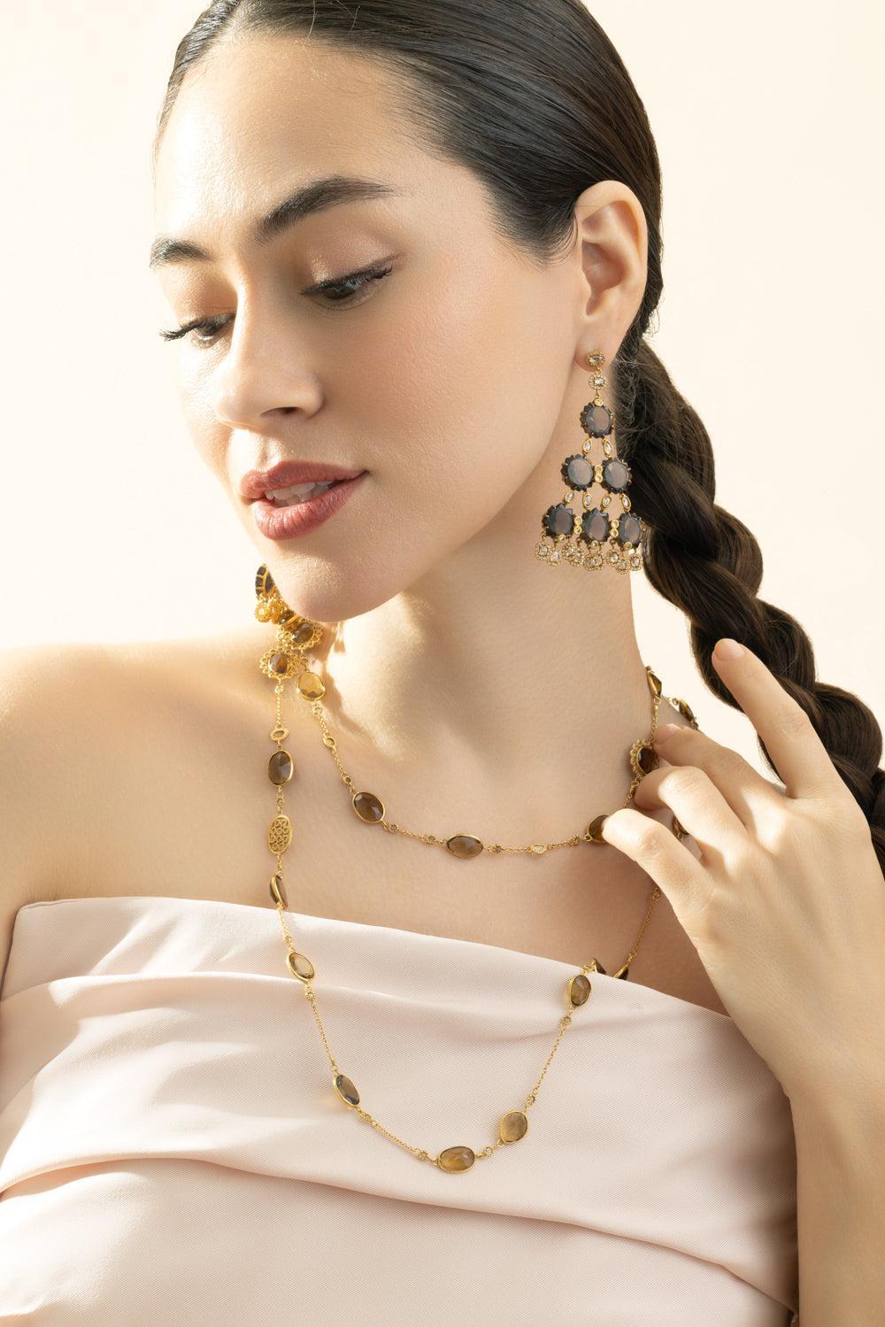 Smokey Quartz Triangle Drop Earrings-YELLOW GOLD-JEWELRYFINE JEWELEARRING-COOMI
