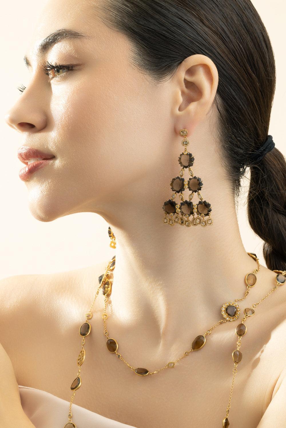 Smokey Quartz Triangle Drop Earrings-YELLOW GOLD-JEWELRYFINE JEWELEARRING-COOMI
