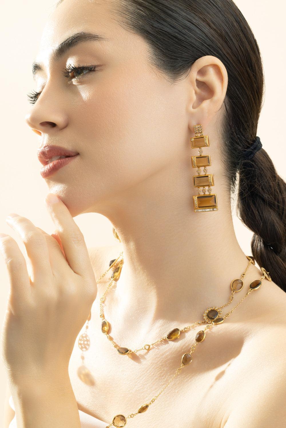 Diamond Whisky Quartz Drop Earrings-YELLOW GOLD-JEWELRYFINE JEWELEARRING-COOMI