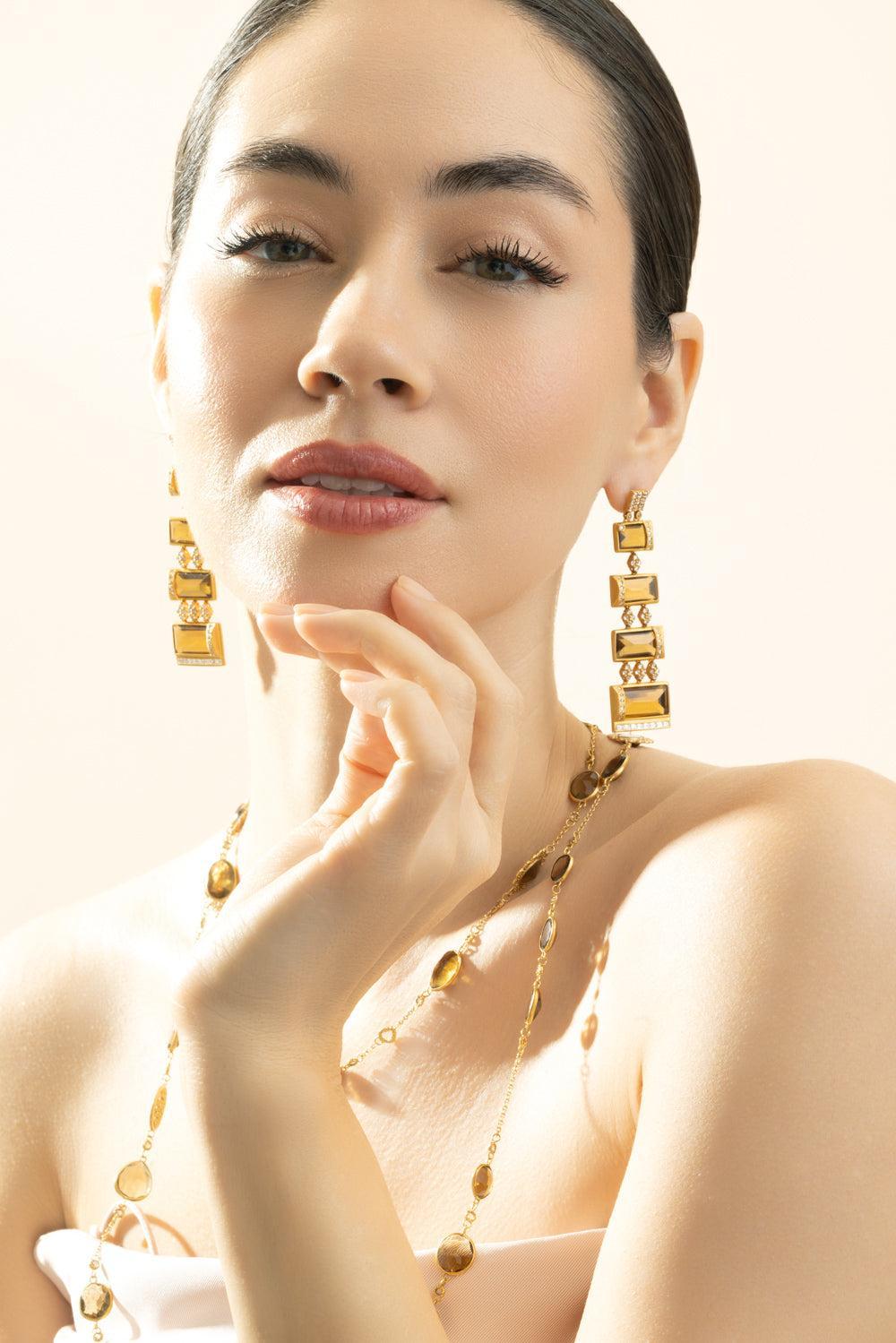 Diamond Whisky Quartz Drop Earrings-YELLOW GOLD-JEWELRYFINE JEWELEARRING-COOMI