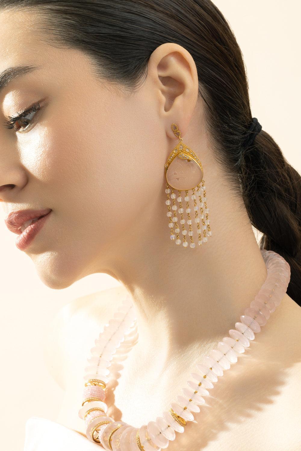 Moonstone Diamond Agate Carved Earrings-YELLOW GOLD-JEWELRYFINE JEWELEARRING-COOMI