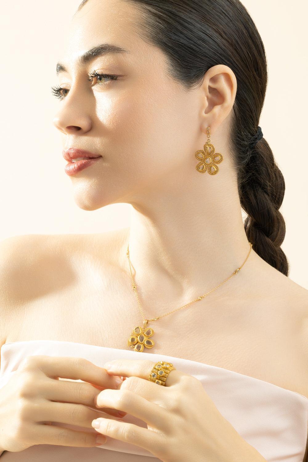 Diamond Blue White Flower Earrings-YELLOW GOLD-JEWELRYFINE JEWELEARRING-COOMI