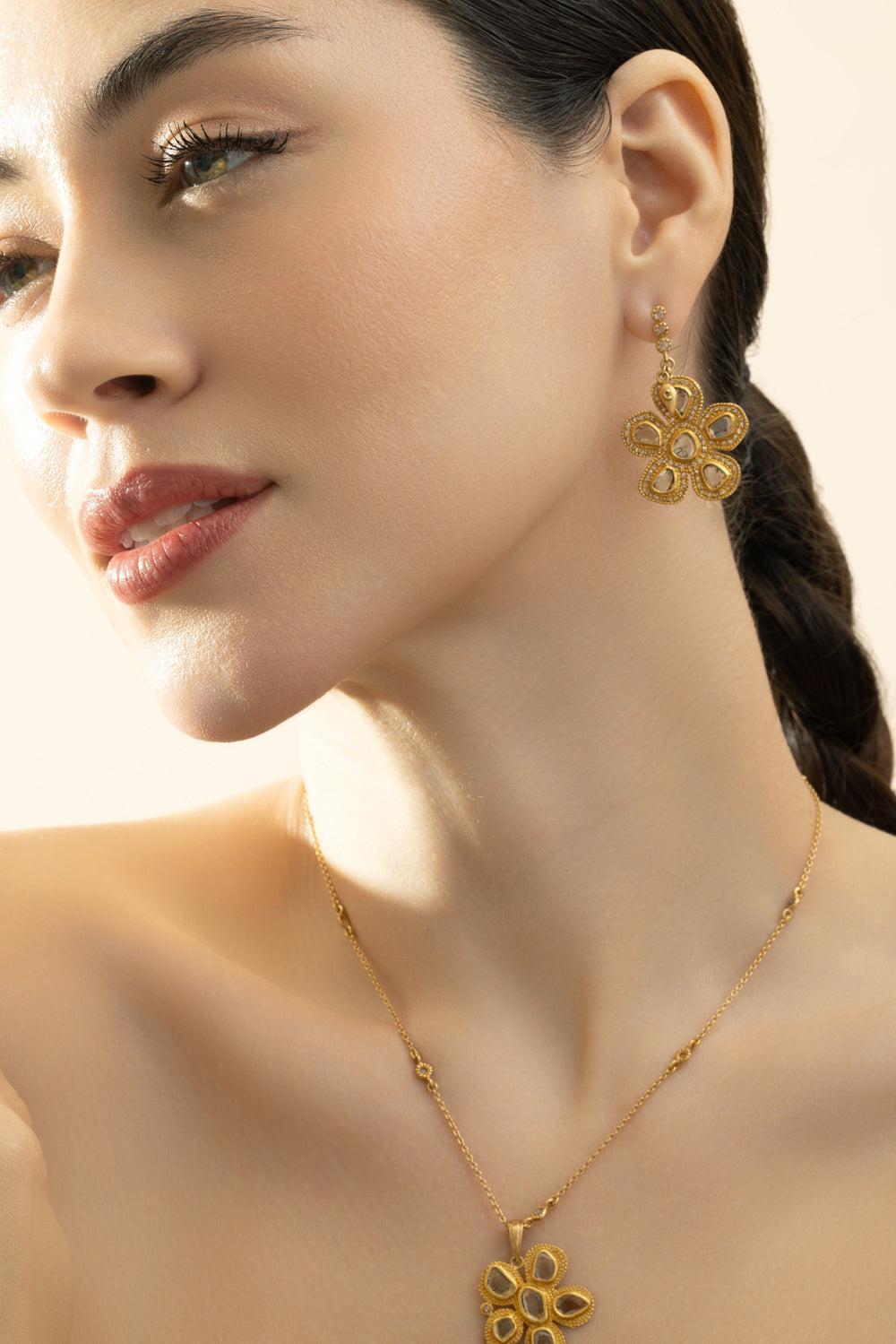 Diamond Blue White Flower Earrings-YELLOW GOLD-JEWELRYFINE JEWELEARRING-COOMI