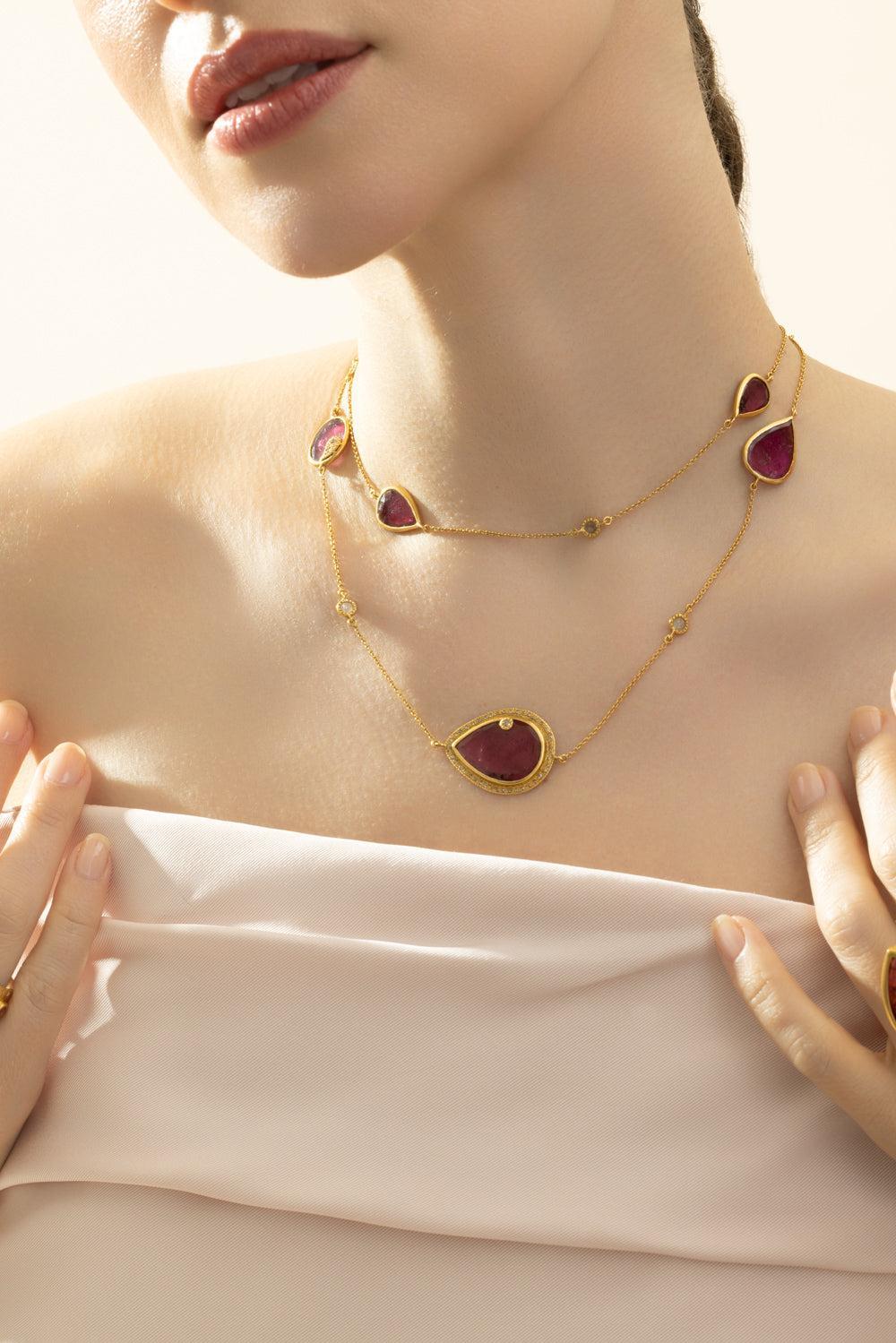 Rubellite Diamond Slice Necklace-YELLOW GOLD-JEWELRYFINE JEWELNECKLACE O-COOMI