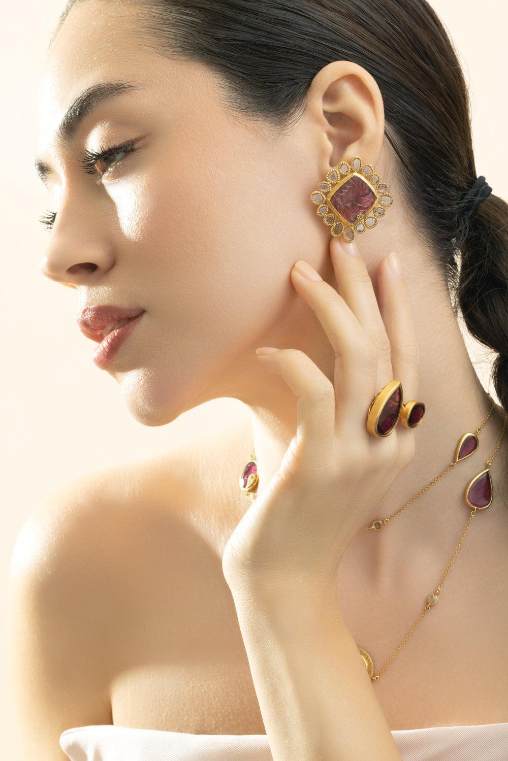 Diamond Rubillte Carved Stud Earrings-YELLOW GOLD-JEWELRYFINE JEWELEARRING-COOMI