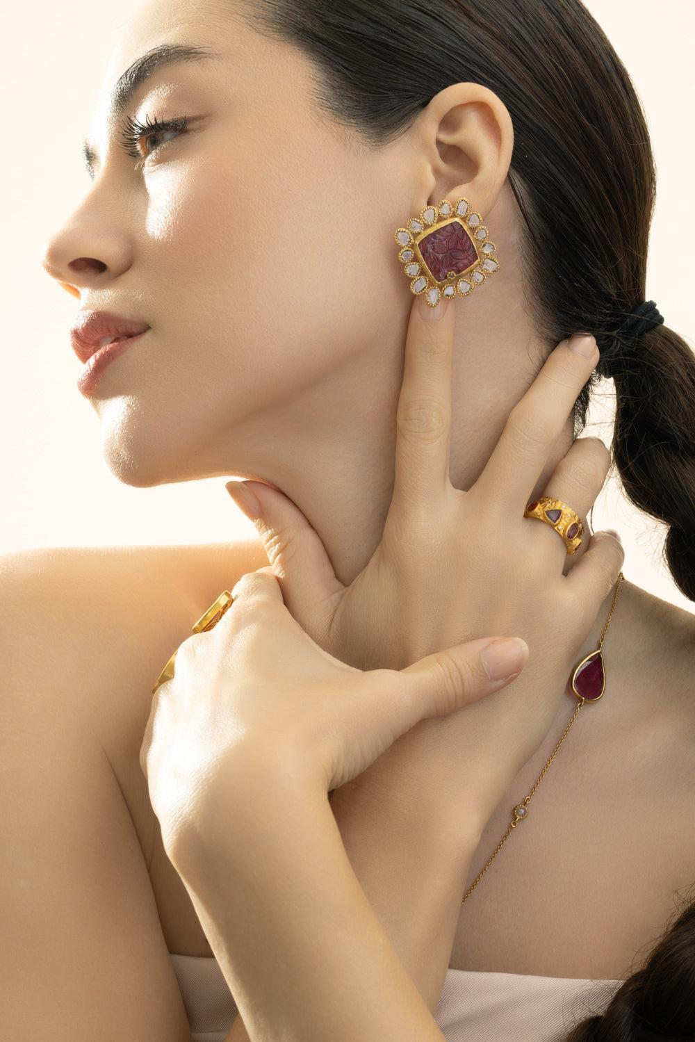 Diamond Rubillte Carved Stud Earrings-YELLOW GOLD-JEWELRYFINE JEWELEARRING-COOMI