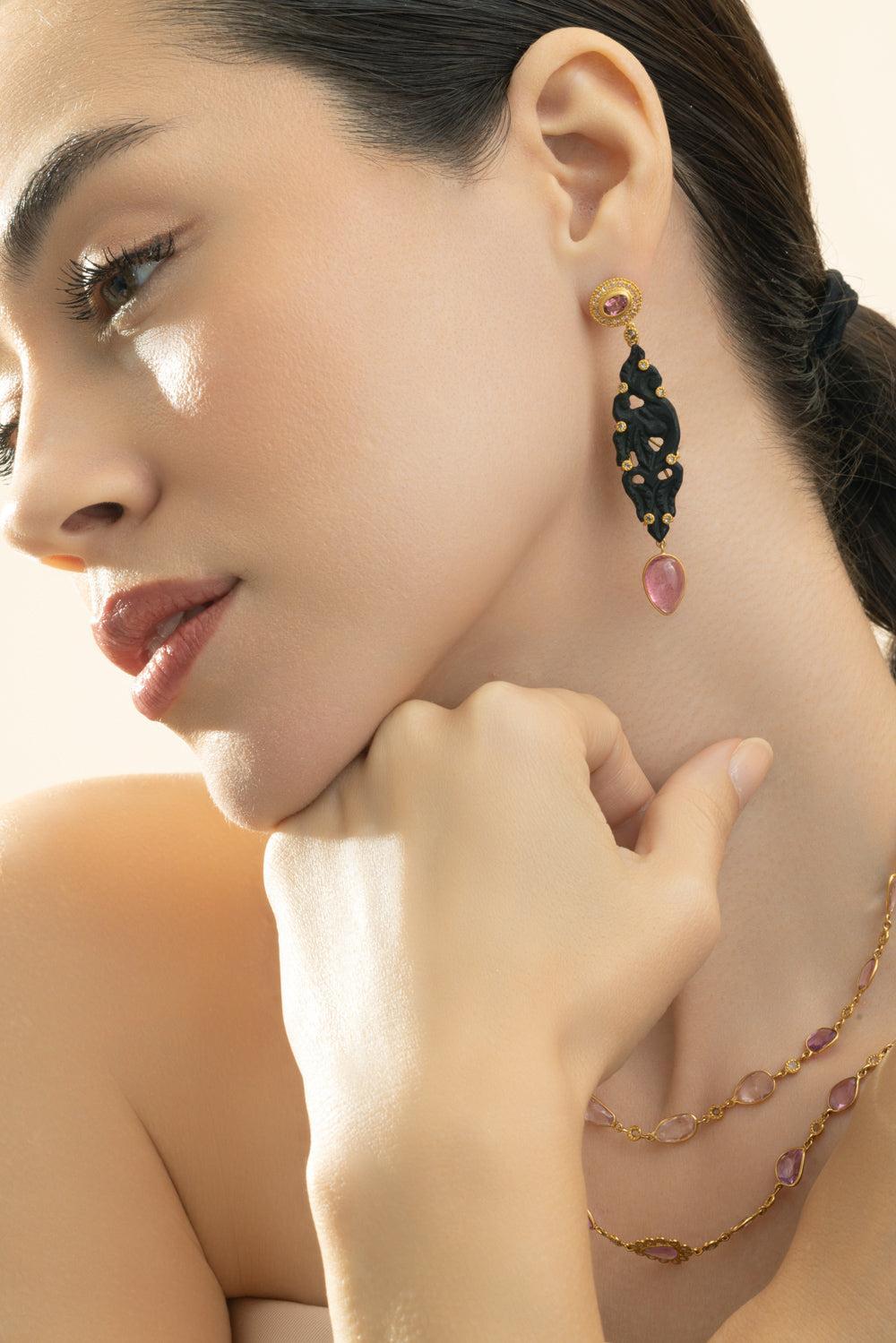 Black Onyx Pink Tourmaline Earrings-YELLOW GOLD-JEWELRYFINE JEWELEARRING-COOMI