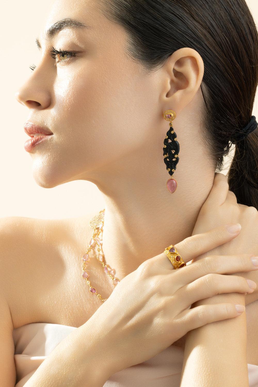 Black Onyx Pink Tourmaline Earrings-YELLOW GOLD-JEWELRYFINE JEWELEARRING-COOMI