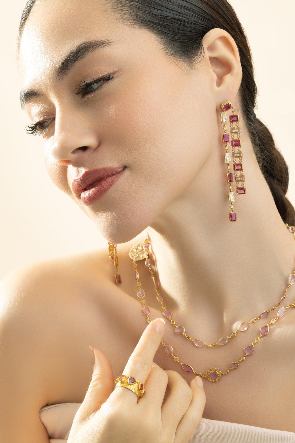 Pink Tourmaline Diamond Two Line Earrings-YELLOW GOLD-JEWELRYFINE JEWELEARRING-COOMI