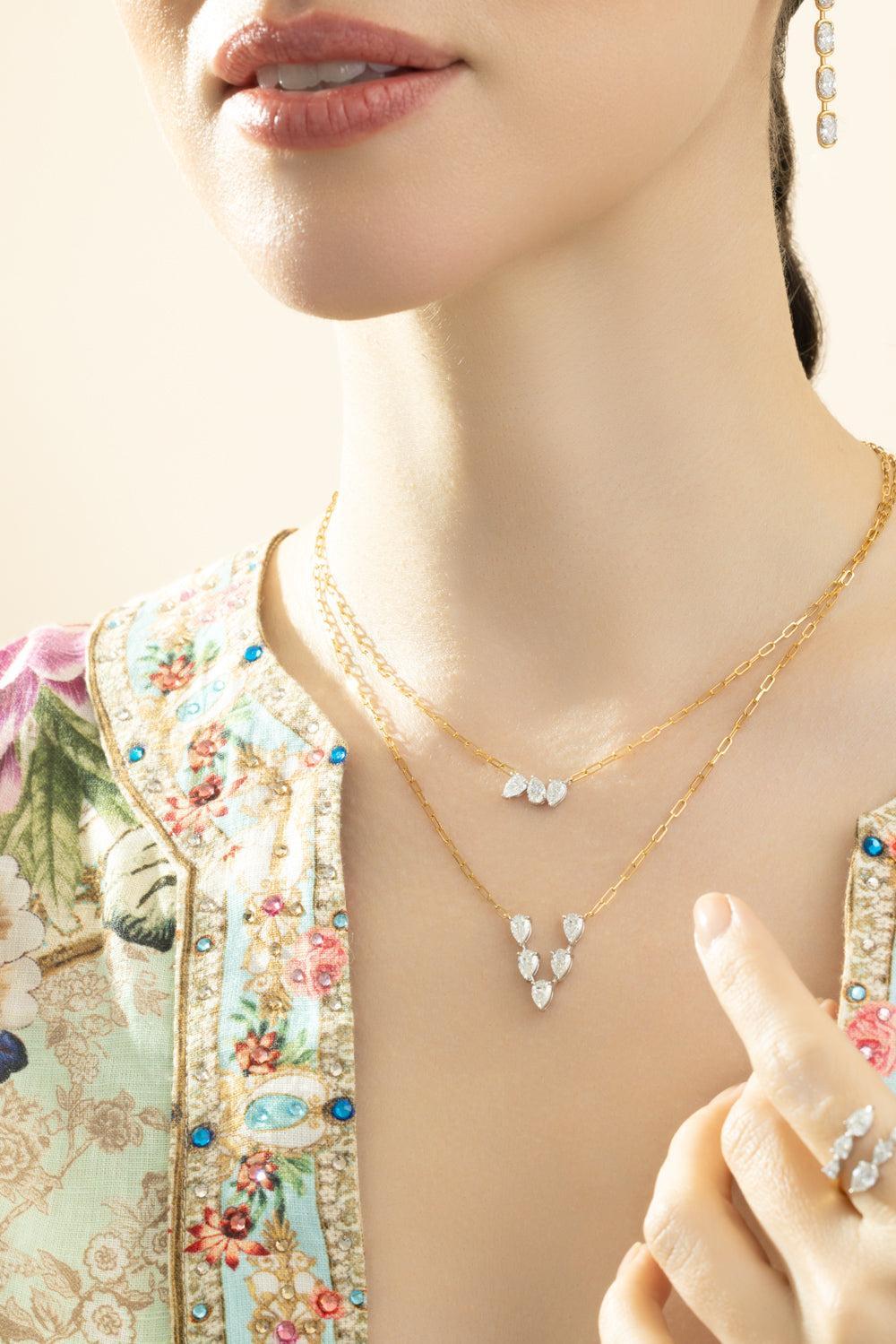 Five Diamond Pear V Necklace-YELLOW GOLD-JEWELRYFINE JEWELNECKLACE O-PHILLIPS HOUSE