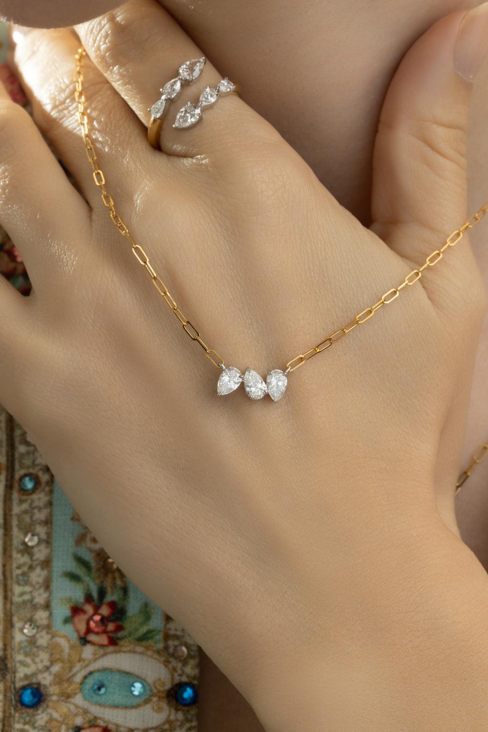 Three Diamond Pear Necklace-YELLOW GOLD-JEWELRYFINE JEWELNECKLACE O-PHILLIPS HOUSE