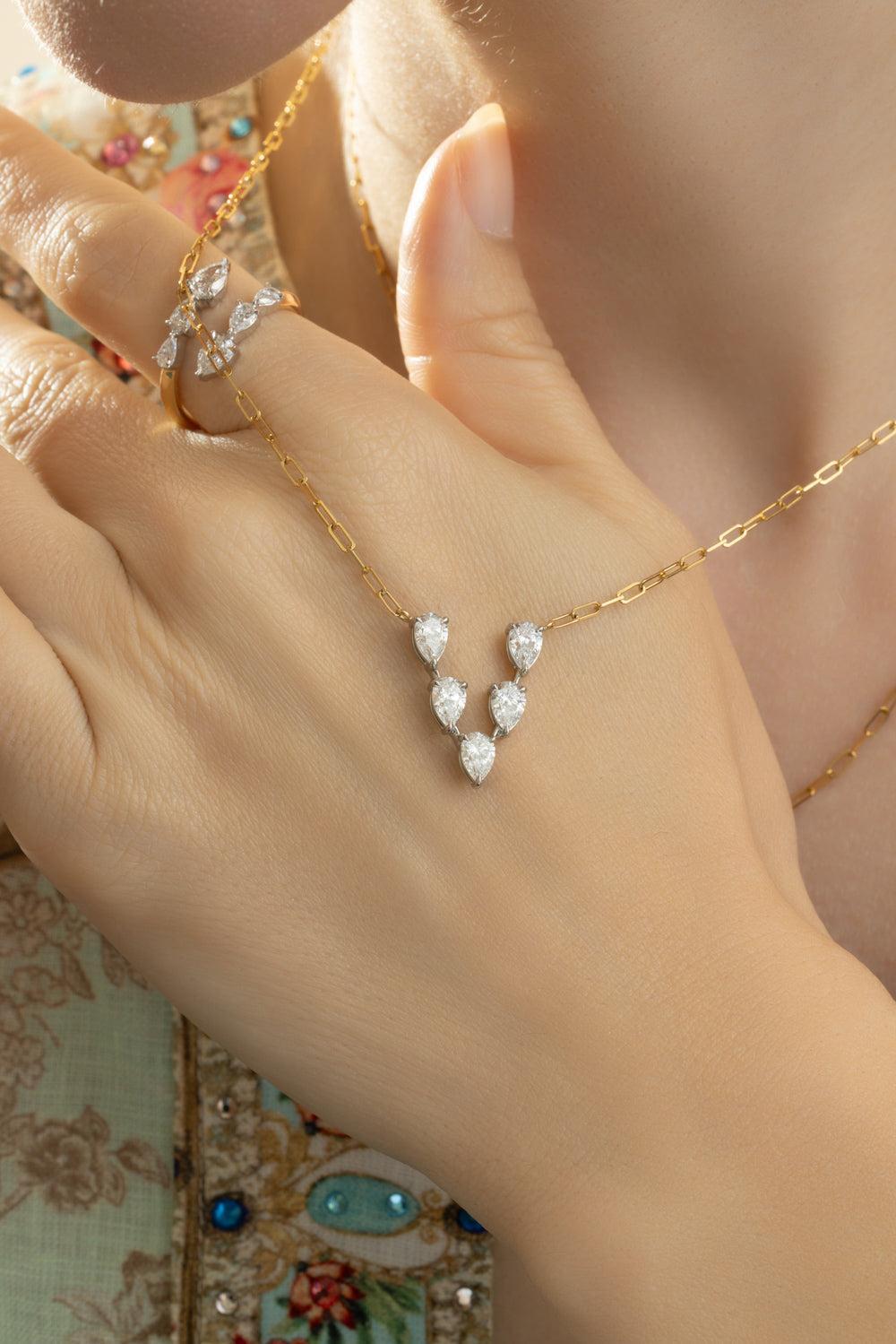Five Diamond Pear V Necklace-YELLOW GOLD-JEWELRYFINE JEWELNECKLACE O-PHILLIPS HOUSE
