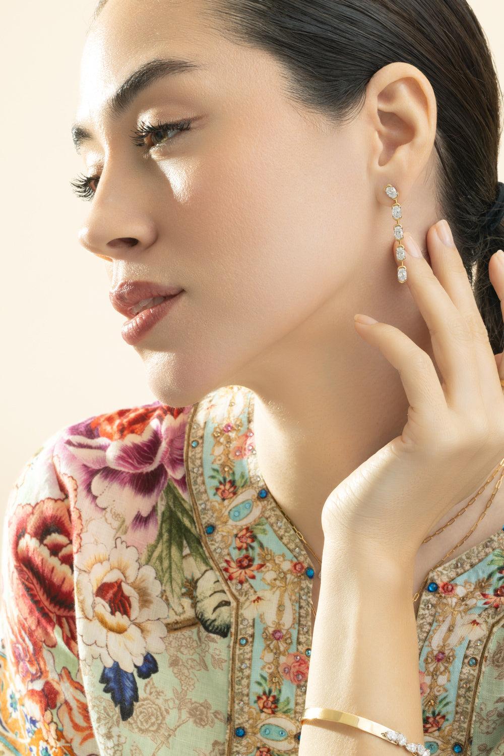 Five Diamond Oval Drop Earrings-YELLOW GOLD-JEWELRYFINE JEWELEARRING-PHILLIPS HOUSE