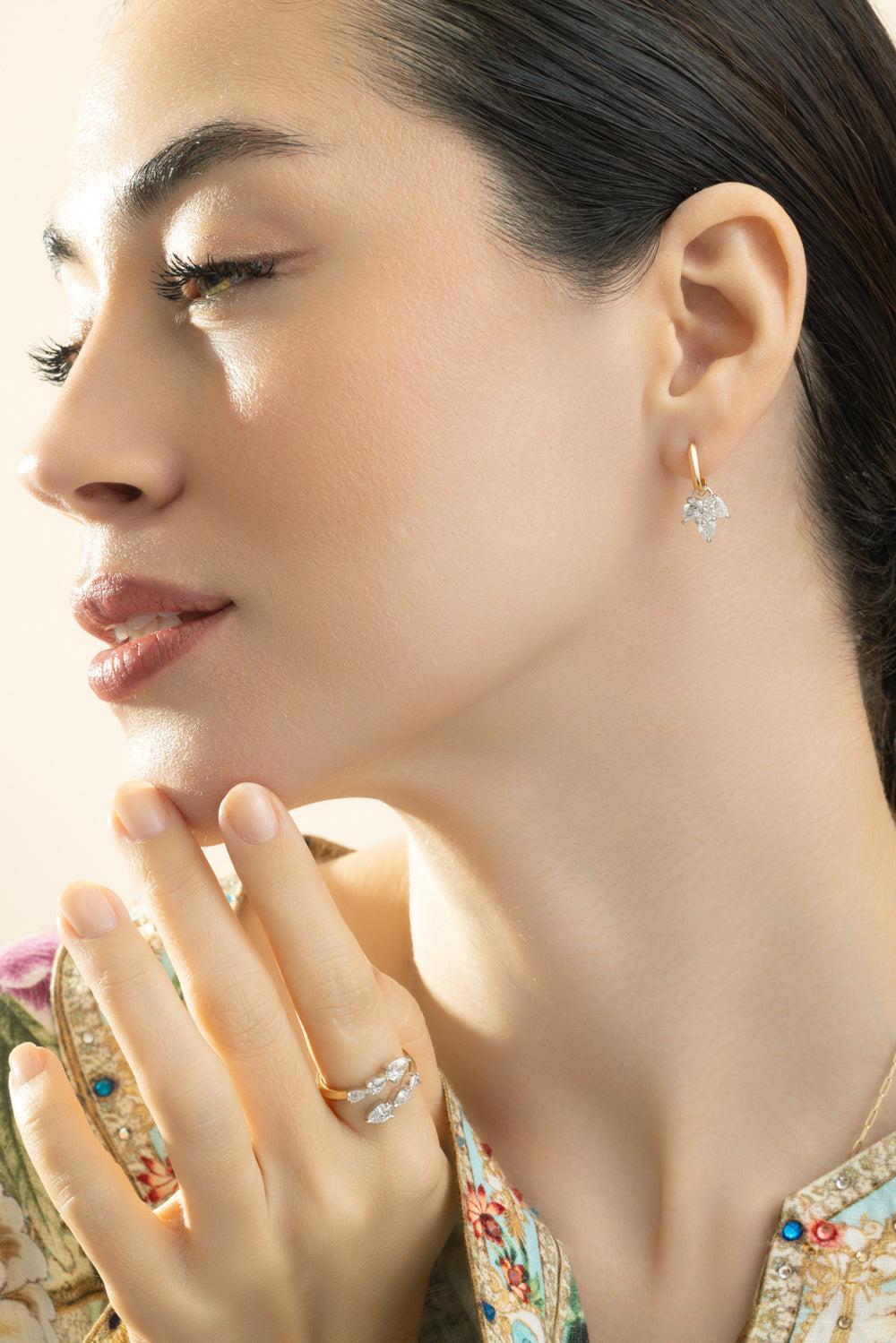 Diamond Triple Leaf Huggie Earrings-YELLOW GOLD-JEWELRYFINE JEWELEARRING-PHILLIPS HOUSE