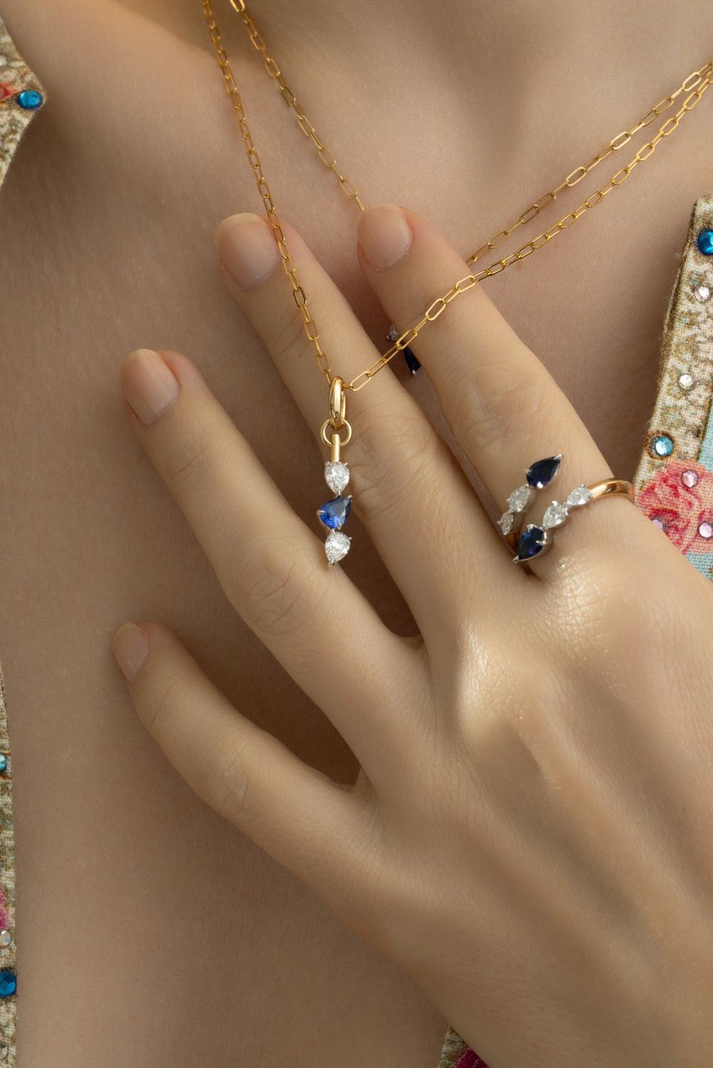 Diamond Blue Sapphire Triple Drop Necklace-YELLOW GOLD-JEWELRYFINE JEWELNECKLACE O-PHILLIPS HOUSE