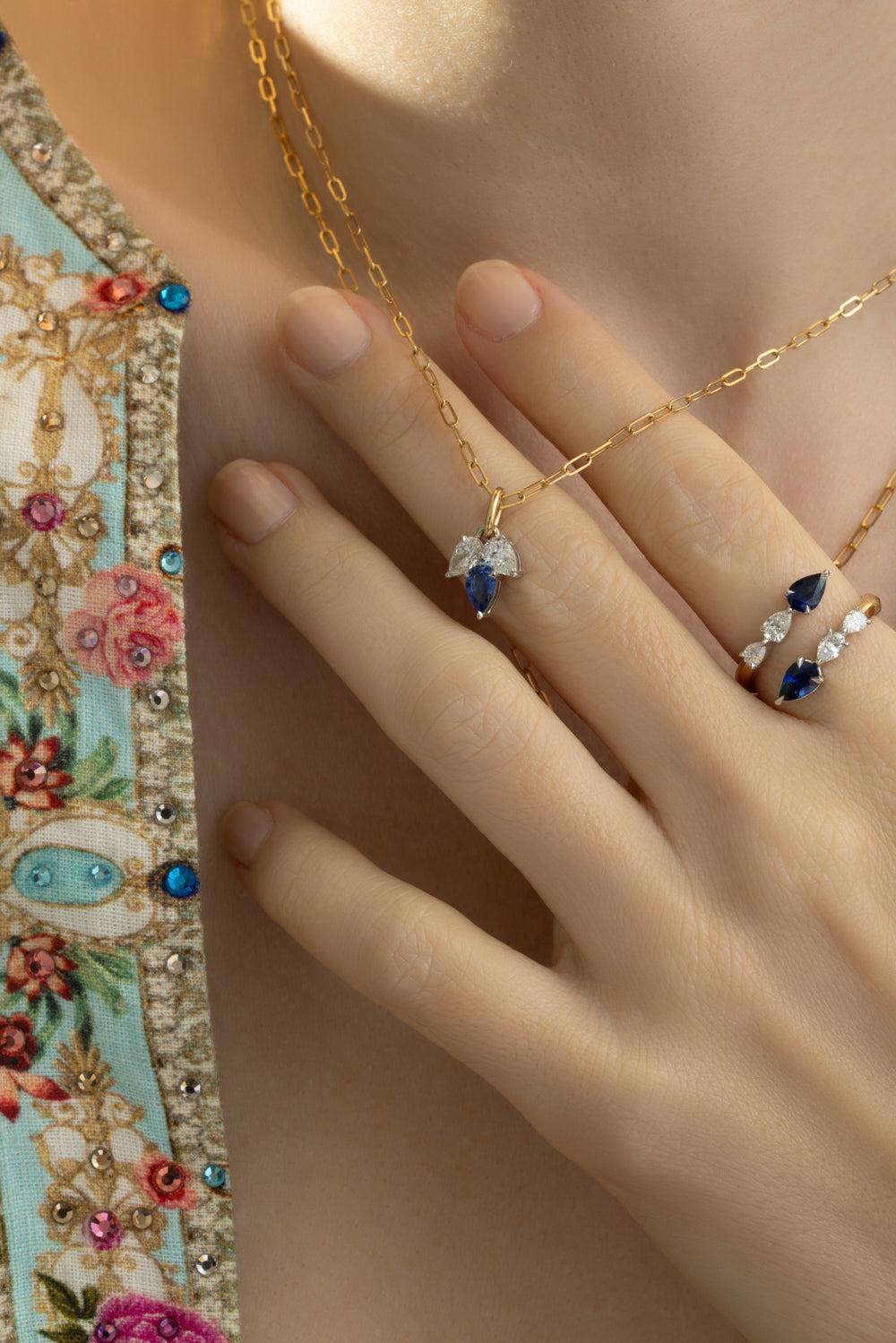 Blue Sapphire Diamond Triple Leaf Necklace-YELLOW GOLD-JEWELRYFINE JEWELNECKLACE O-PHILLIPS HOUSE