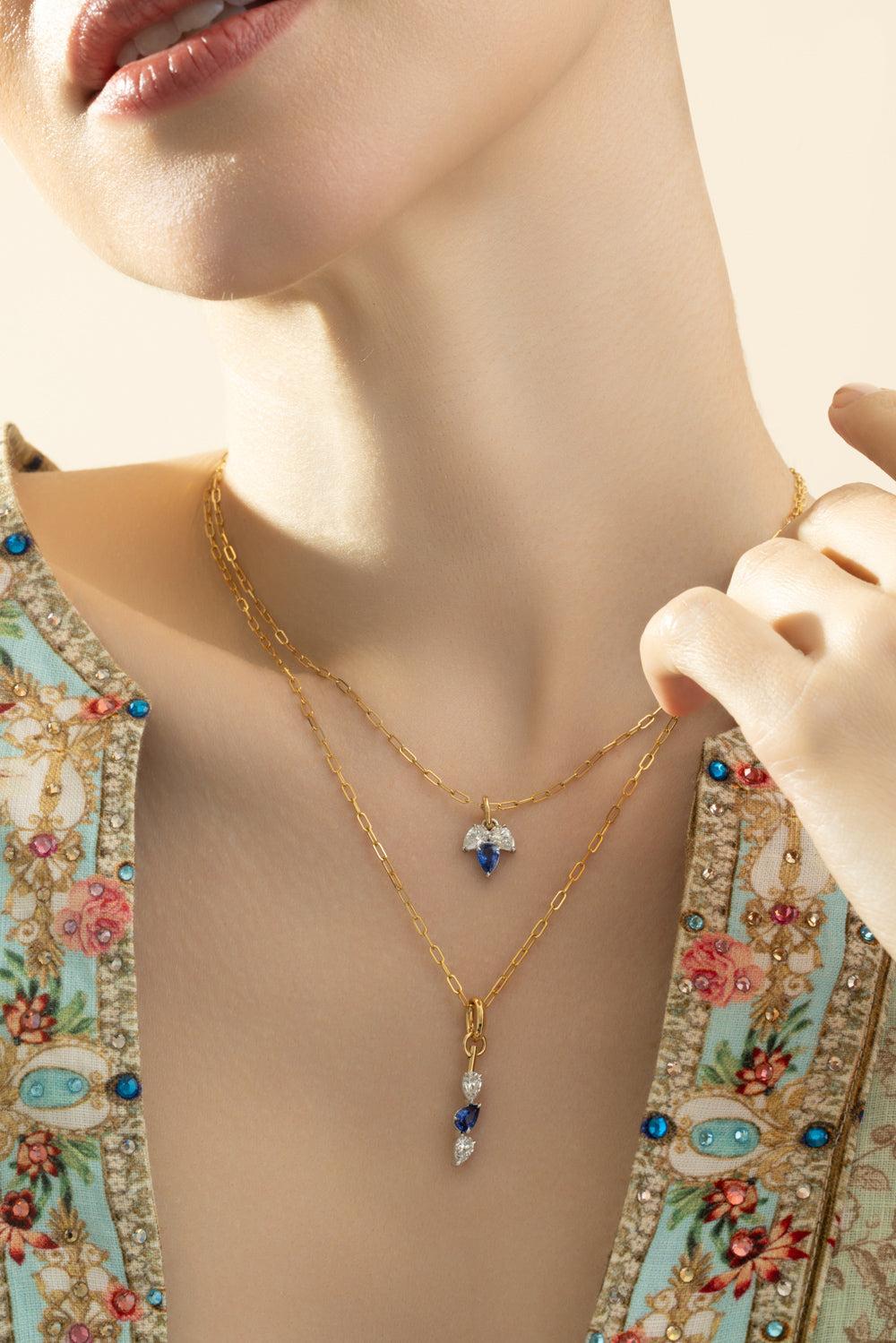 Blue Sapphire Diamond Triple Leaf Necklace-YELLOW GOLD-JEWELRYFINE JEWELNECKLACE O-PHILLIPS HOUSE