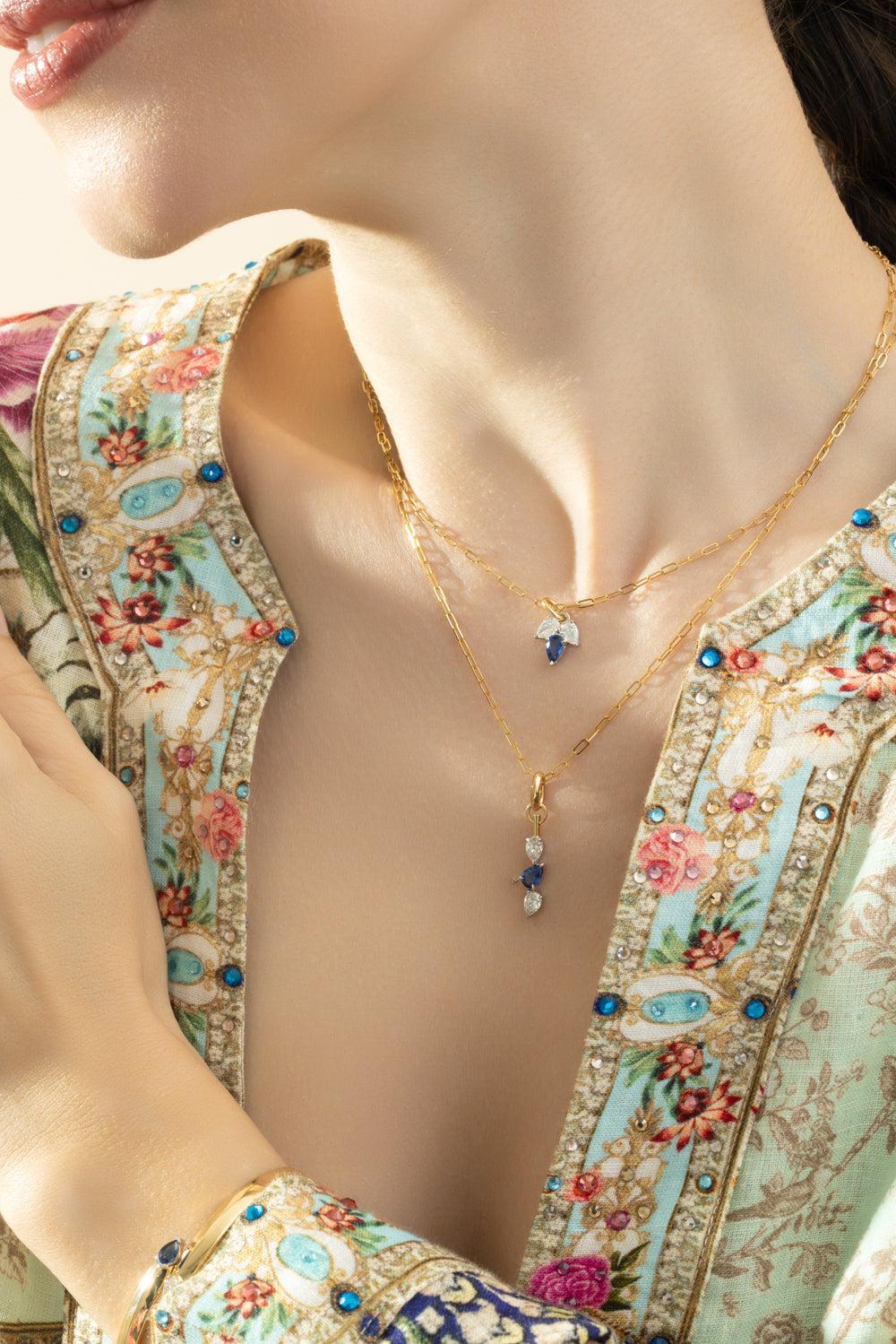 Blue Sapphire Diamond Triple Leaf Necklace-YELLOW GOLD-JEWELRYFINE JEWELNECKLACE O-PHILLIPS HOUSE