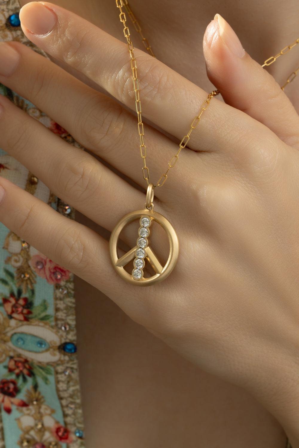 Diamond Matte Peace Sign Necklace-YELLOW GOLD-JEWELRYFINE JEWELNECKLACE O-PHILLIPS HOUSE