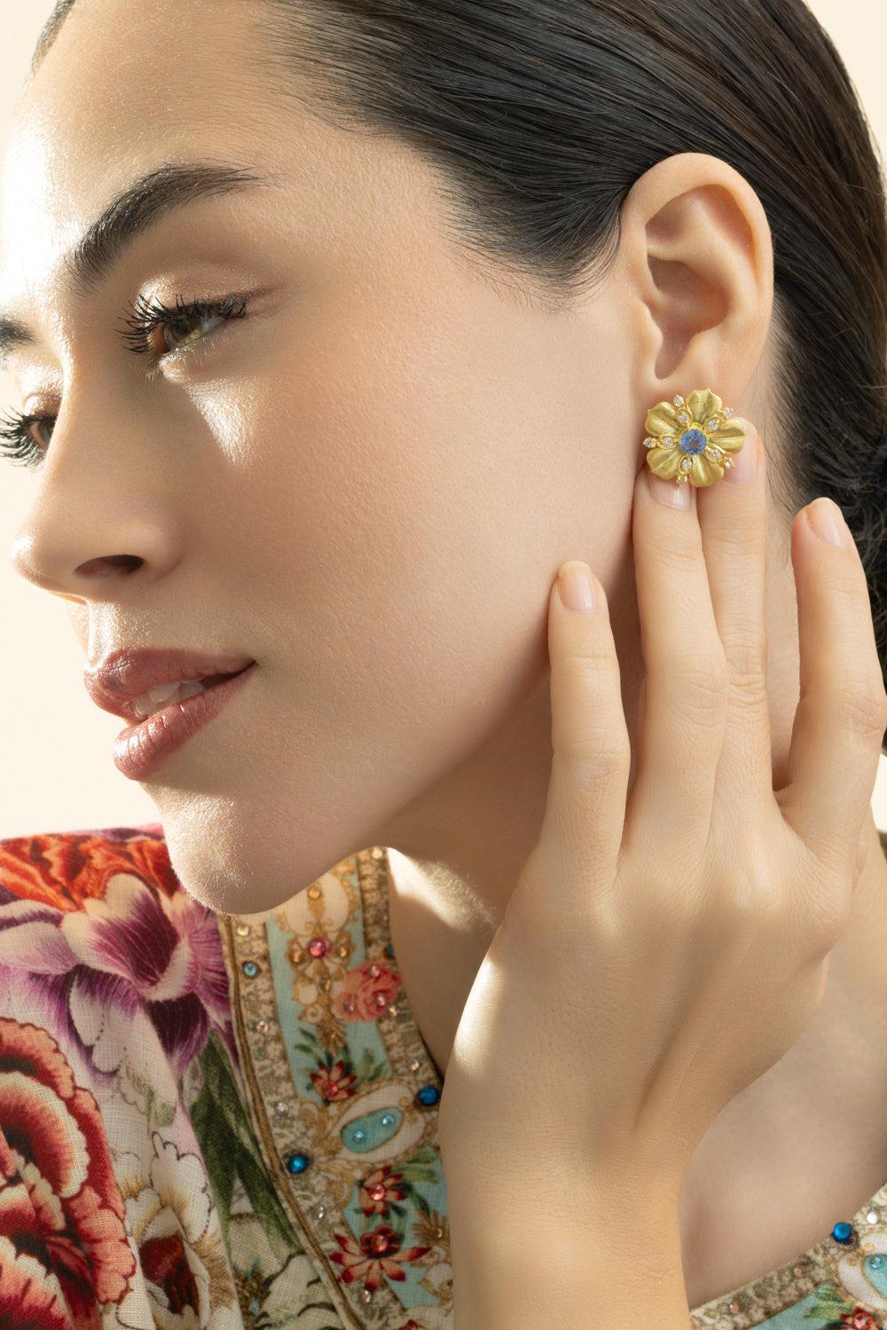 Ceylon Sapphire Diamond Jasmine Bloom Tala Earrings-YELLOW GOLD-JEWELRYFINE JEWELEARRING-TANYA FARAH
