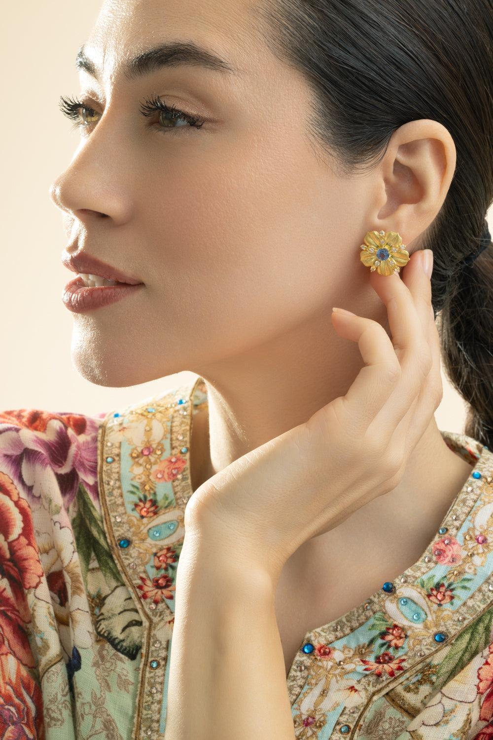 Ceylon Sapphire Diamond Jasmine Bloom Tala Earrings-YELLOW GOLD-JEWELRYFINE JEWELEARRING-TANYA FARAH
