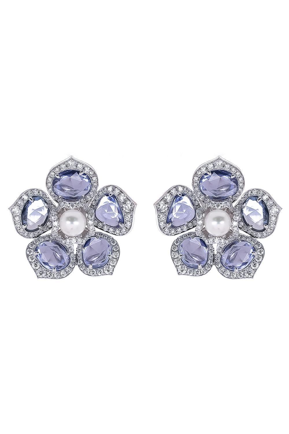 Blue Sapphire Pearl Flower Earrings-WHITE GOLD-JEWELRYFINE JEWELEARRING-RUCHI NEW YORK