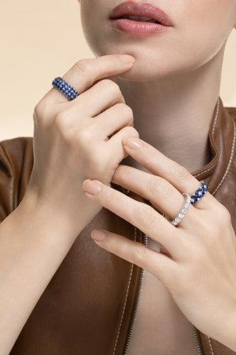 Blue Sapphire Diamond Two Row Cachmere Stretch Ring-WHITE GOLD-5-JEWELRYFINE JEWELRING-ROBERTO DEMEGLIO