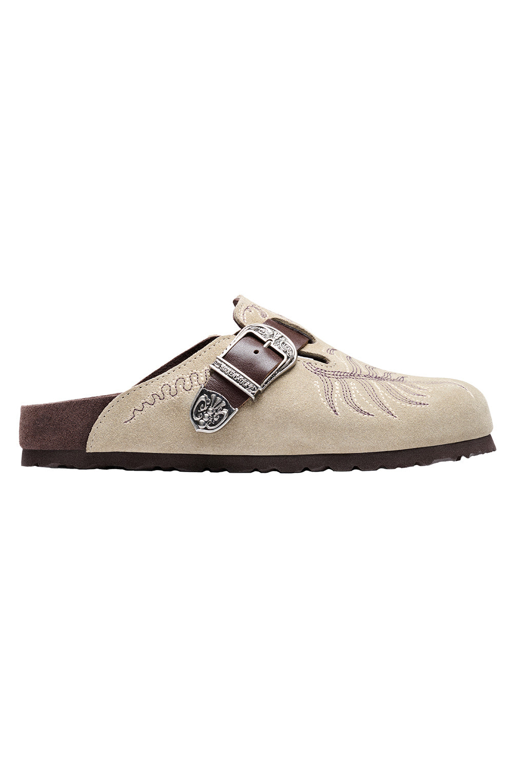 Boston Suede Embroidery Clog - Taupe
